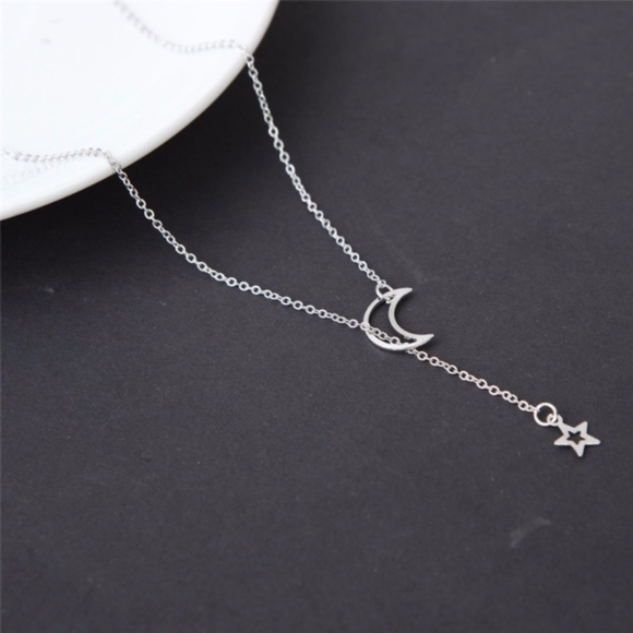 Star and Moon Asymmetrical Necklace Silver Color - Picture 1 of 2